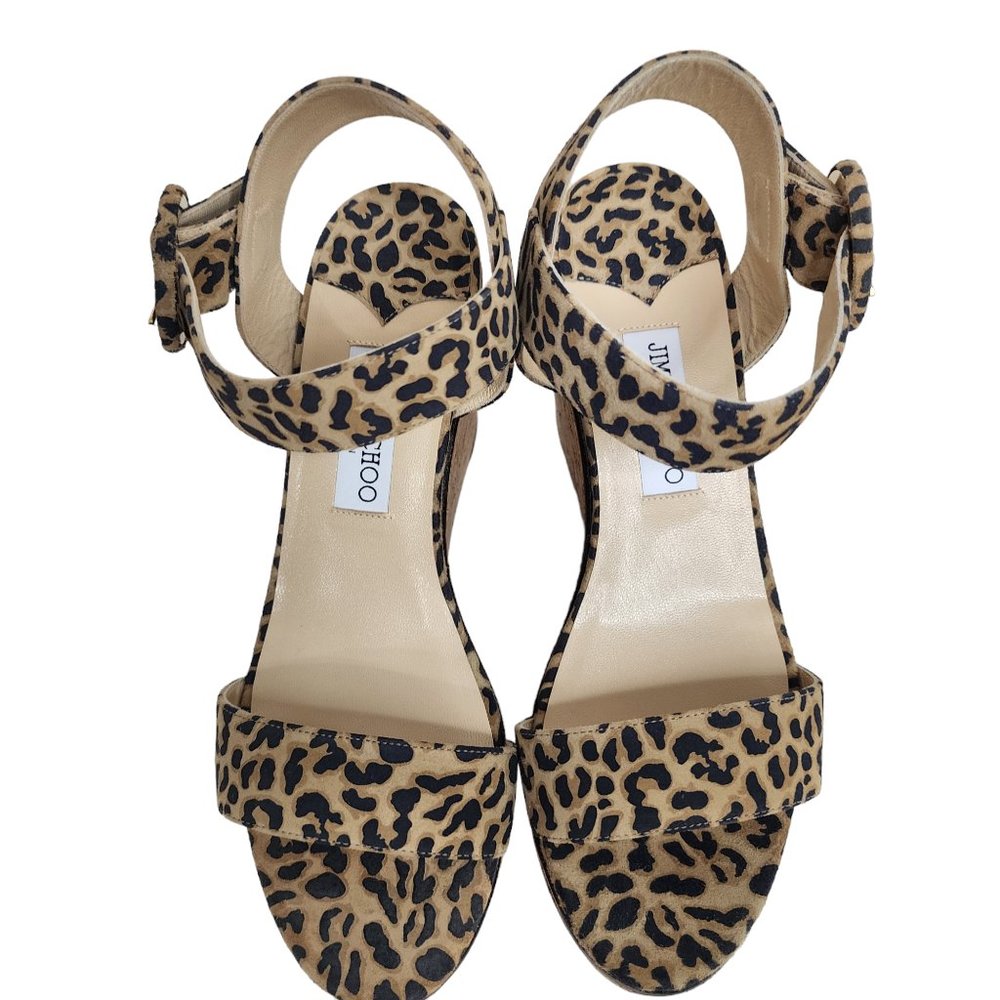 JIMMY CHOO Suede Leather Trim Wedge Heels Sandals Animal Print Light Brown 40 - Picture 7 of 10